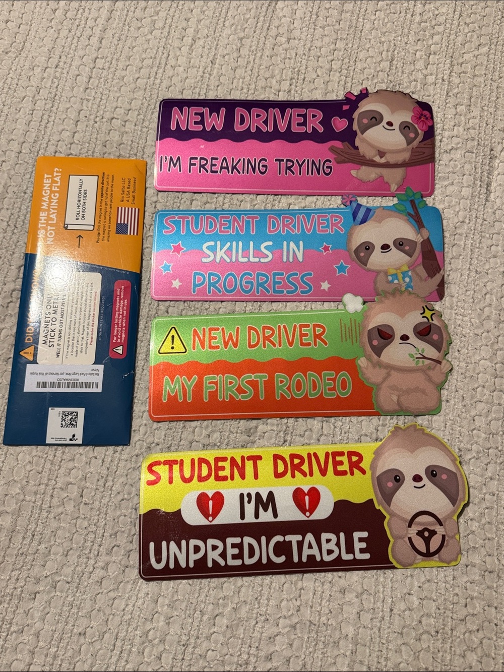 Cute Sloth Student Driver Car Magnets - Bright Multicolor Set